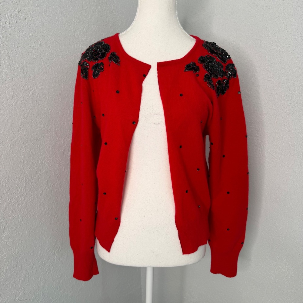 Red‎ Lambswool Angora Sequin Floral Cardigan Sweater Small Vintage